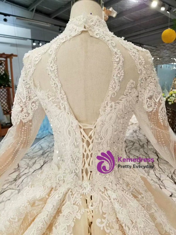 Shop 2019 Long & Short Chamapgne Ball Gown Tulle Lace High Neck Long Sleeve Wedding Dress With Factory Price From Kemedress
