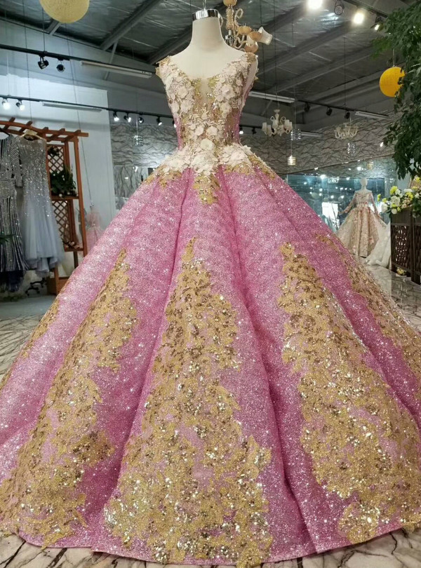 Shop 2019 Long & Short Pink Ball Gown Sequins Deep V-neck Backless Appliques Wedding Dress With Factory Price From Kemedress