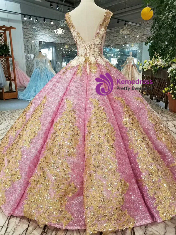 Shop 2019 Long & Short Pink Ball Gown Sequins Deep V-neck Backless Appliques Wedding Dress With Factory Price From Kemedress