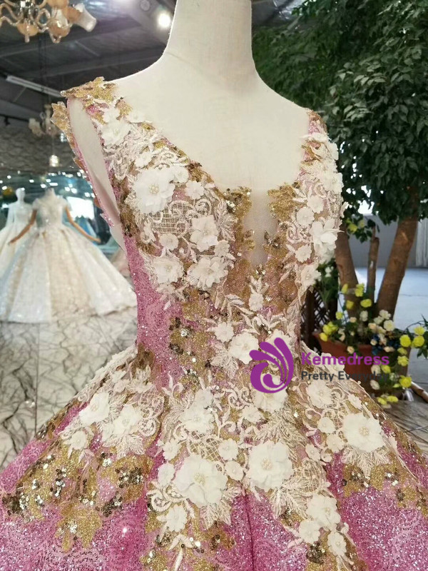 Shop 2019 Long & Short Pink Ball Gown Sequins Deep V-neck Backless Appliques Wedding Dress With Factory Price From Kemedress