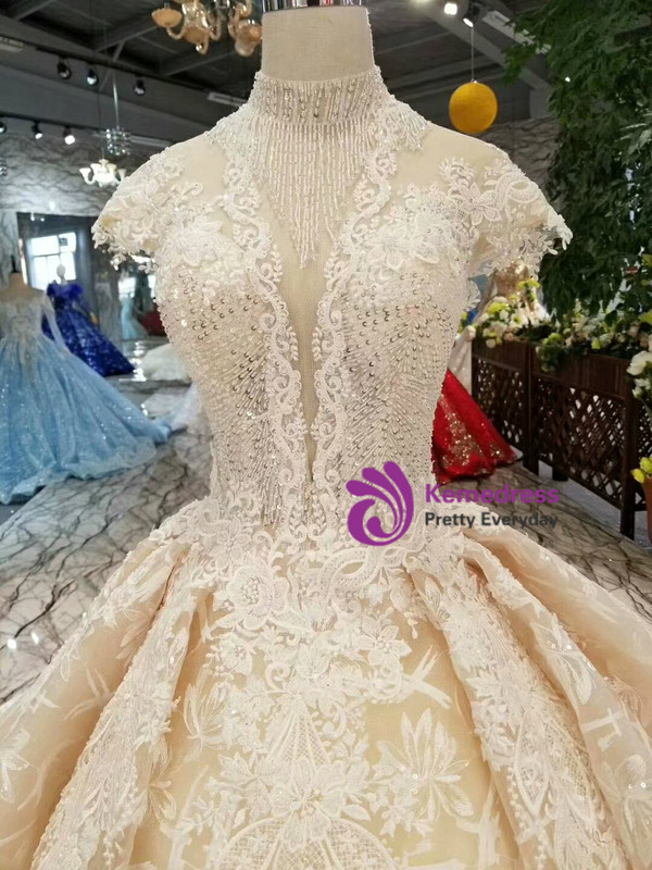 Shop 2019 Long & Short Champagne Ball Gown High Neck Backless Cap Sleeve Beaidng Wedding Dress With Factory Price From Kemedress