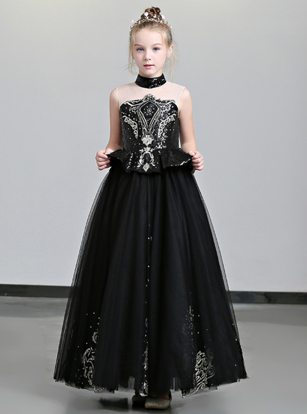 Shop 2019 Long & Short In Stock:Ship in 48 Hours Black Tulle High Neck Appliques Flower Girl Dress With Factory Price From Kemedress