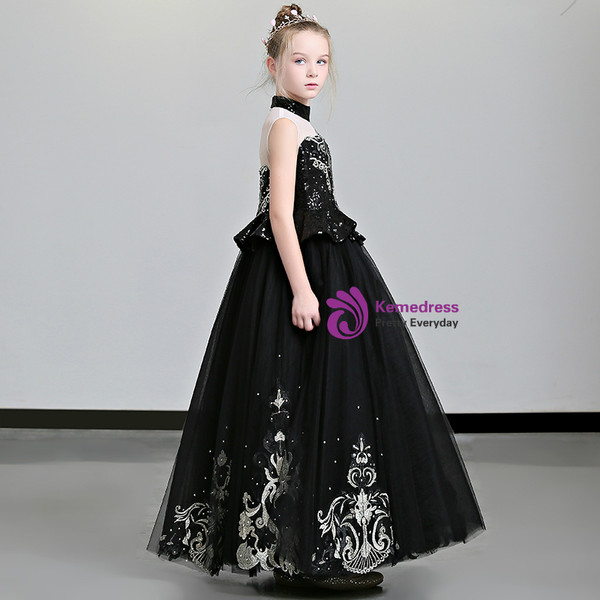 Shop 2019 Long & Short In Stock:Ship in 48 Hours Black Tulle High Neck Appliques Flower Girl Dress With Factory Price From Kemedress