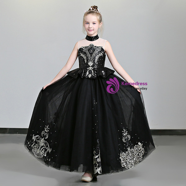 Shop 2019 Long & Short In Stock:Ship in 48 Hours Black Tulle High Neck Appliques Flower Girl Dress With Factory Price From Kemedress