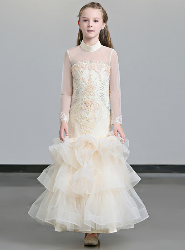 Shop 2019 Long & Short In Stock:Ship in 48 Hours Sheath Champagne Tulle High Neck Long Sleeve Girl Dress With Factory Price From Kemedress