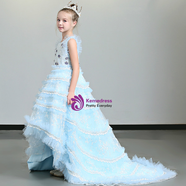 Shop 2019 Long & Short In Stock:Ship in 48 Blue Hi Lo Tulle Lace Appliques Flower Girl Dress With Factory Price From Kemedress