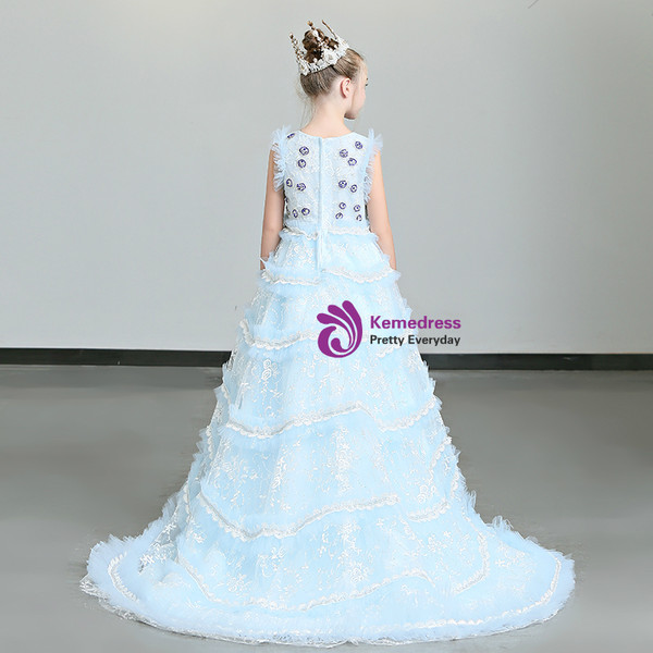 Shop 2019 Long & Short In Stock:Ship in 48 Blue Hi Lo Tulle Lace Appliques Flower Girl Dress With Factory Price From Kemedress