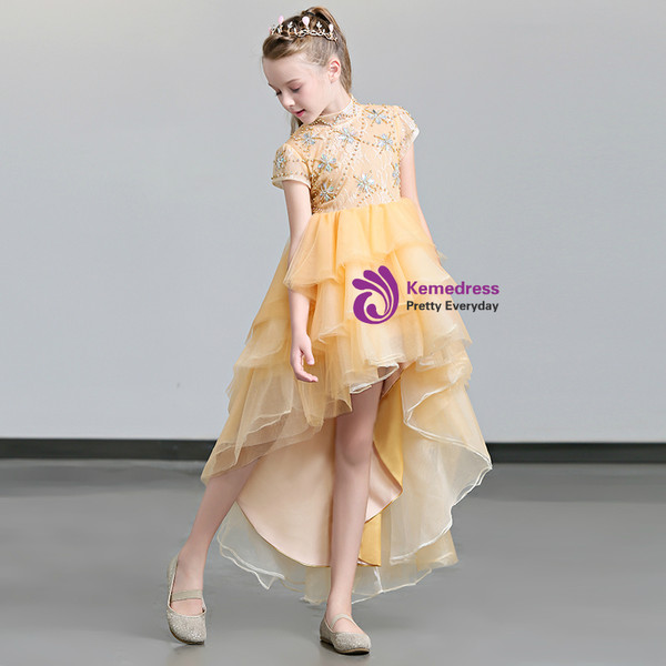Shop 2019 Long & Short In Stock:Ship in 48 Hours High Neck Hi Lo Orange Tulle Flower Girl Dress With Crystal With Factory Price From Kemedress