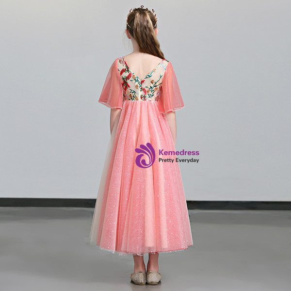 Shop 2019 Long & Short In Stock:Ship in 48 Hours Pink Tulle V-neck Embroidery Flower Girl Dress With Factory Price From Kemedress