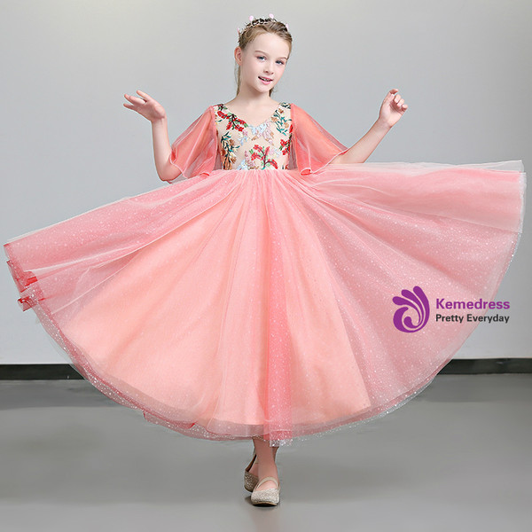 Shop 2019 Long & Short In Stock:Ship in 48 Hours Pink Tulle V-neck Embroidery Flower Girl Dress With Factory Price From Kemedress