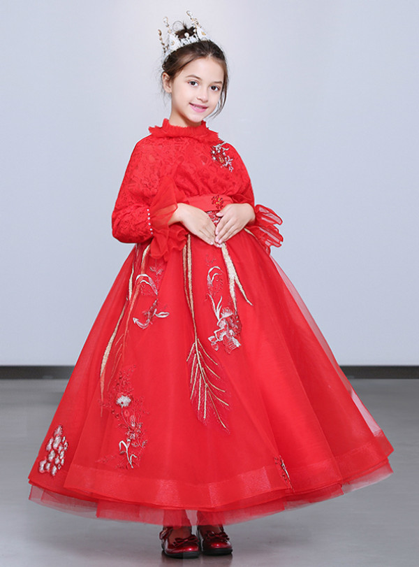 Shop 2019 Long & Short In Stock:Ship in 48 Hours Red Long Sleeve Tulle Lace Flower Girl Dress With Factory Price From Kemedress
