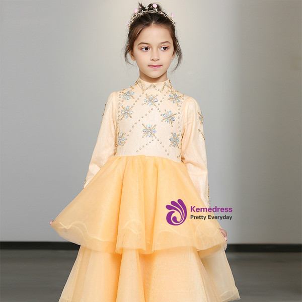 Shop 2019 Long & Short In Stock:Ship in 48 Hours Champagne Tulle High Neck Long Sleeve Girl Dress With Factory Price From Kemedress