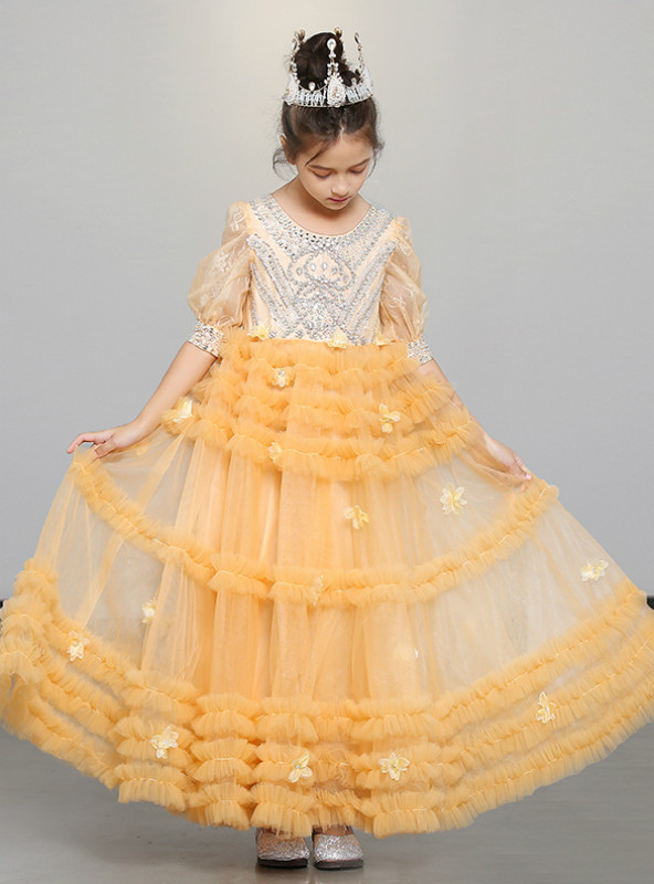 Shop 2019 Long & Short In Stock:Ship in 48 Hours Orange Tulle Short Sleeve Flower Girl Dress With Factory Price From Kemedress