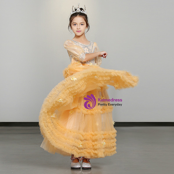 Shop 2019 Long & Short In Stock:Ship in 48 Hours Orange Tulle Short Sleeve Flower Girl Dress With Factory Price From Kemedress