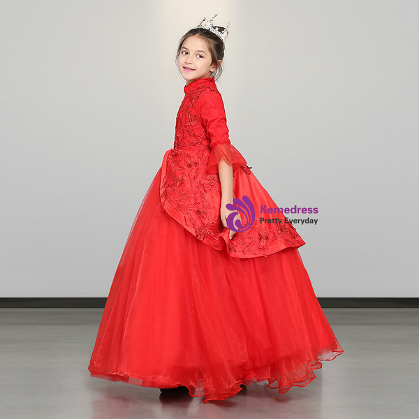 Shop 2019 Long & Short In Stock:Ship in 48 Hours Red High Neck Half Sleeve Flower Girl Dress With Factory Price From Kemedress