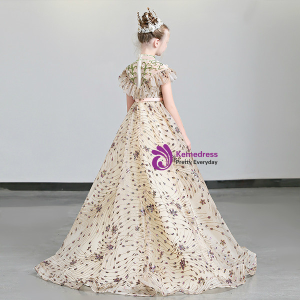 Shop 2019 Long & Short In Stock:Ship in 48 Hours Champagne Hi Lo Tulle Sequins Flower Girl Dress With Factory Price From Kemedress