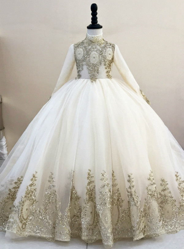 Shop 2019 Long & Short Champagne Ball Gown Tulle Sequins High Neck Long Sleeve Flower Girl Dress With Factory Price From Kemedress