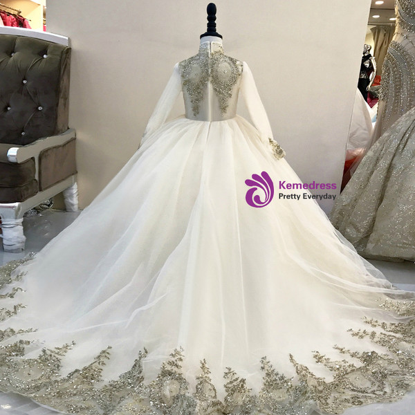 Shop 2019 Long & Short Champagne Ball Gown Tulle Sequins High Neck Long Sleeve Flower Girl Dress With Factory Price From Kemedress