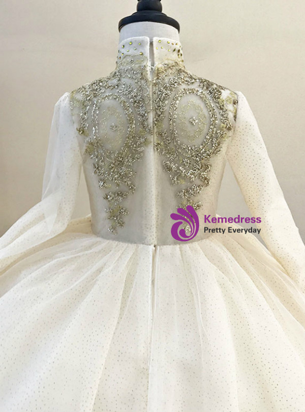 Shop 2019 Long & Short Champagne Ball Gown Tulle Sequins High Neck Long Sleeve Flower Girl Dress With Factory Price From Kemedress