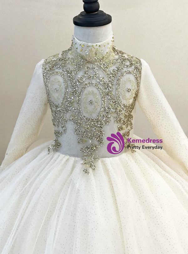 Shop 2019 Long & Short Champagne Ball Gown Tulle Sequins High Neck Long Sleeve Flower Girl Dress With Factory Price From Kemedress