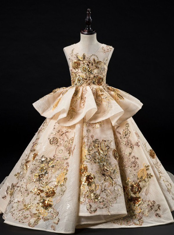 Shop 2019 Long & Short Champagne Ball Gown Tulle Sequins Appliques Backless Flower Girl Dress With Factory Price From Kemedress