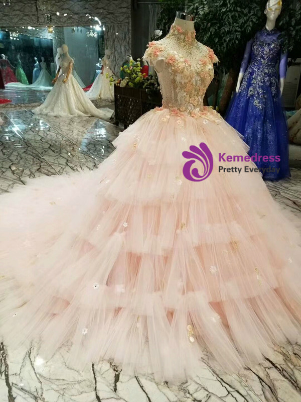 Shop 2019 Long & Short Pink Ball Gown Tulle High Neck Cap Sleeve Backless Appliques Wedding Dress With Factory Price From Kemedress