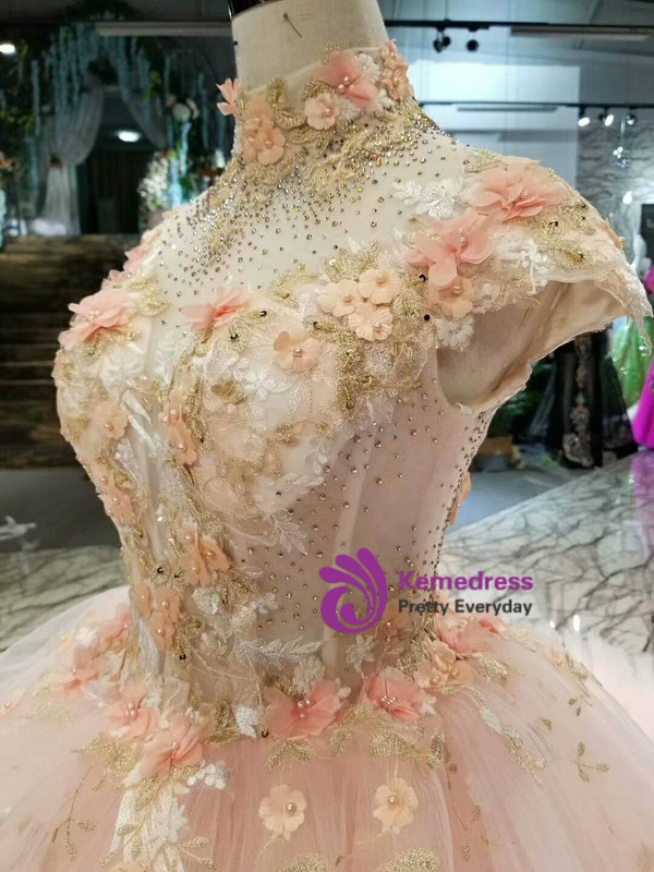 Shop 2019 Long & Short Pink Ball Gown Tulle High Neck Cap Sleeve Backless Appliques Wedding Dress With Factory Price From Kemedress