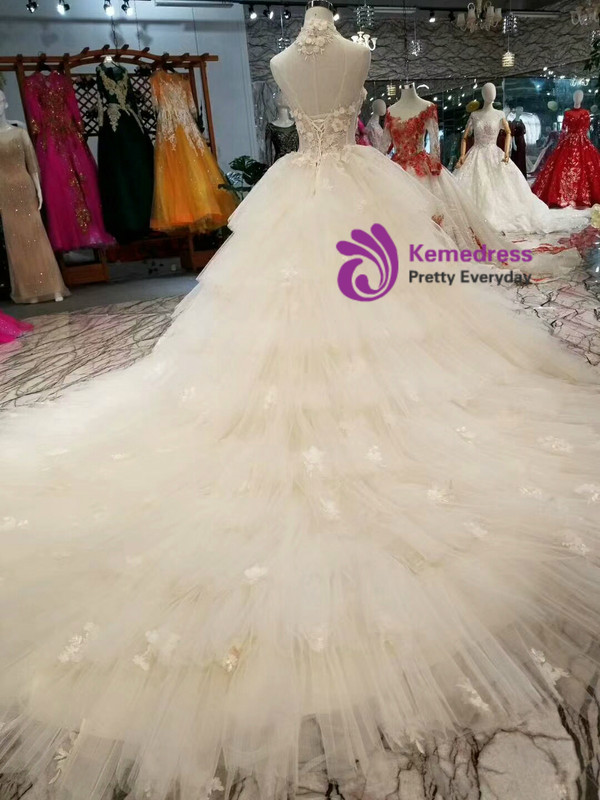 Shop 2019 Long & Short Champagne Ball Gown Tulle High Neck Backless Appliques Wedding Dress With Factory Price From Kemedress