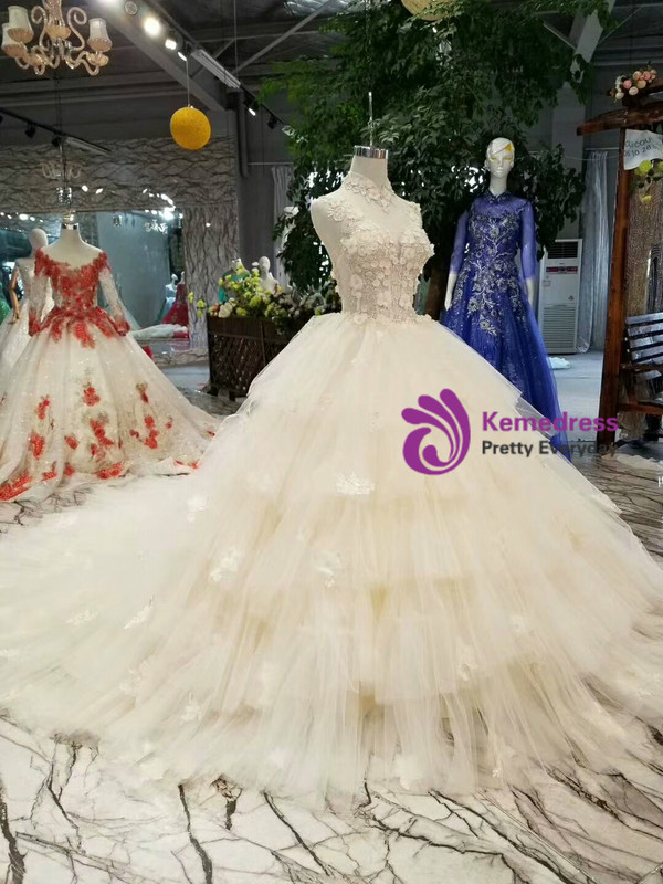 Shop 2019 Long & Short Champagne Ball Gown Tulle High Neck Backless Appliques Wedding Dress With Factory Price From Kemedress