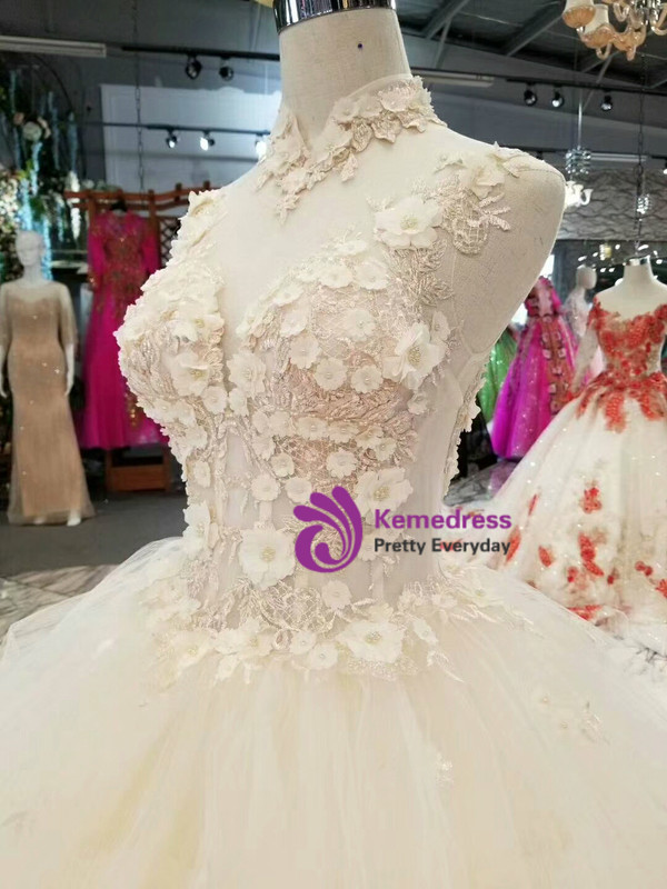 Shop 2019 Long & Short Champagne Ball Gown Tulle High Neck Backless Appliques Wedding Dress With Factory Price From Kemedress