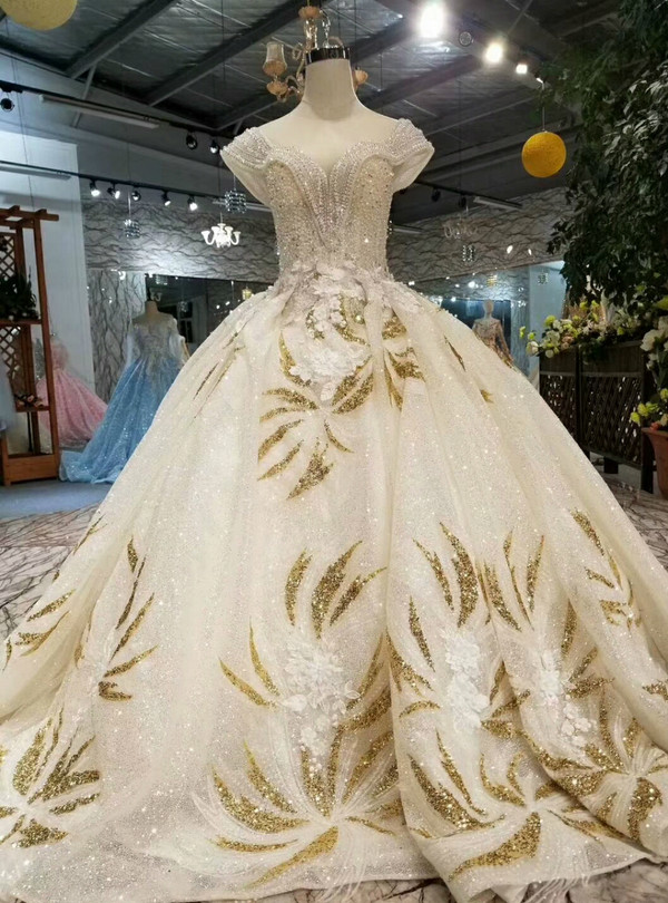 Shop 2019 Long & Short Champagne Ball Gown Tulle Sequins Cap Sleeve Backless Beaidng Wedding Dress With Factory Price From Kemedress