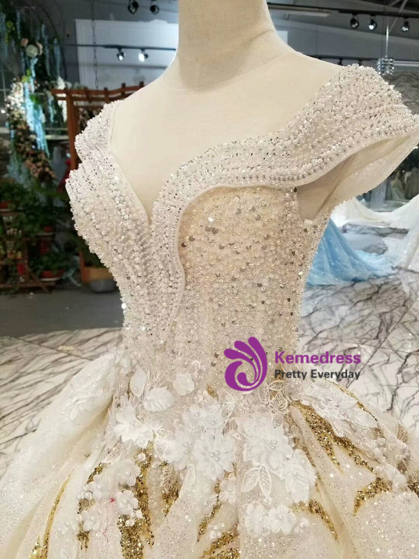 Shop 2019 Long & Short Champagne Ball Gown Tulle Sequins Cap Sleeve Backless Beaidng Wedding Dress With Factory Price From Kemedress