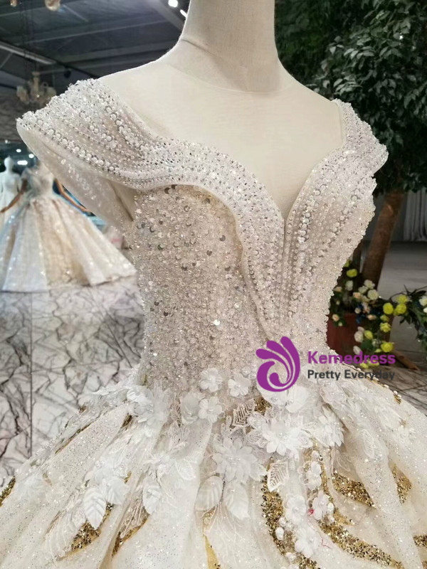 Shop 2019 Long & Short Champagne Ball Gown Tulle Sequins Cap Sleeve Backless Beaidng Wedding Dress With Factory Price From Kemedress
