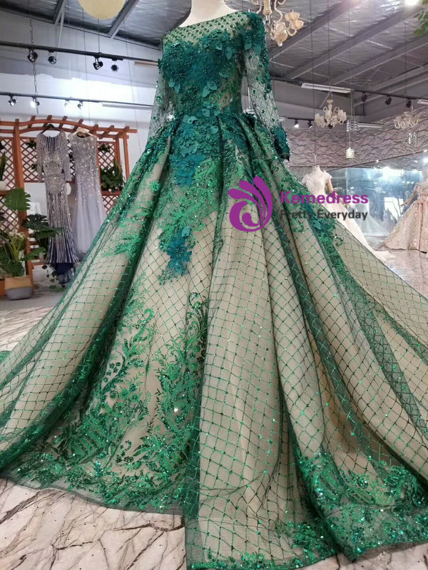 Shop 2019 Long & Short Green Ball Gown Tulle Sequins Bateau Long Sleeve Appliques Wedding Dress With Factory Price From Kemedress