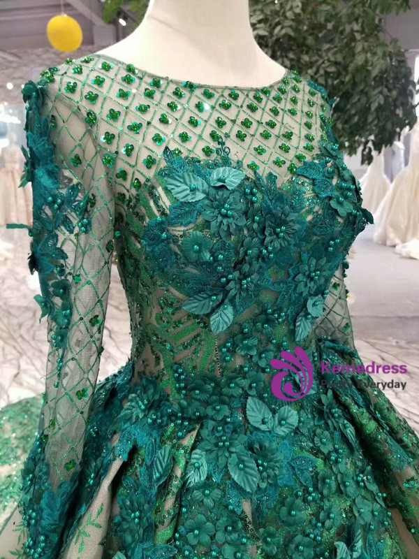 Shop 2019 Long & Short Green Ball Gown Tulle Sequins Bateau Long Sleeve Appliques Wedding Dress With Factory Price From Kemedress