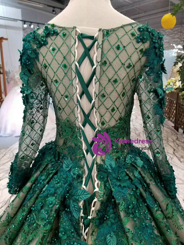 Shop 2019 Long & Short Green Ball Gown Tulle Sequins Bateau Long Sleeve Appliques Wedding Dress With Factory Price From Kemedress