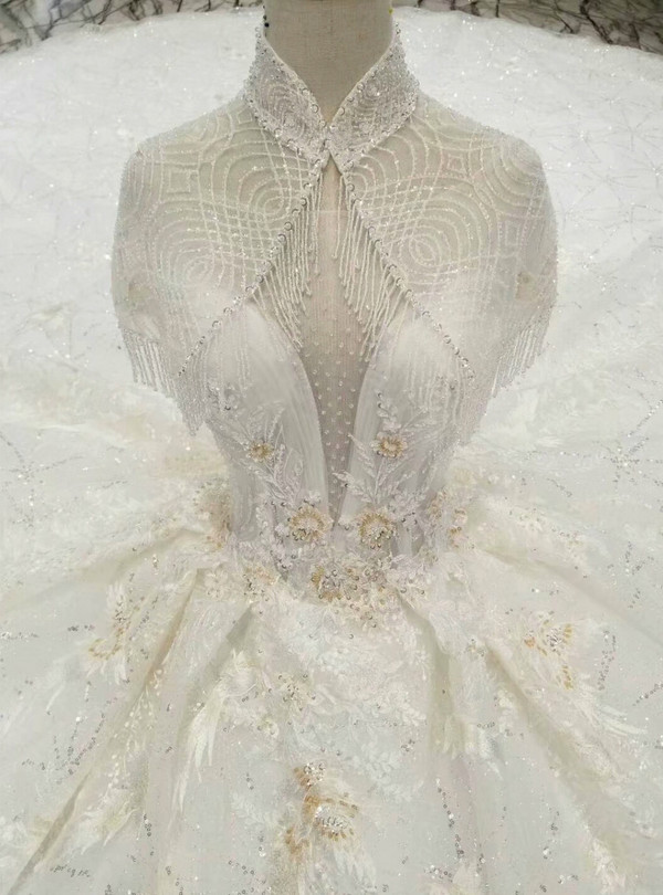 Shop 2019 Long & Short Light Champagne Ball Gown Tulle Sequins High Neck Backless Appliques Wedding Dress With Factory Price From Kemedress