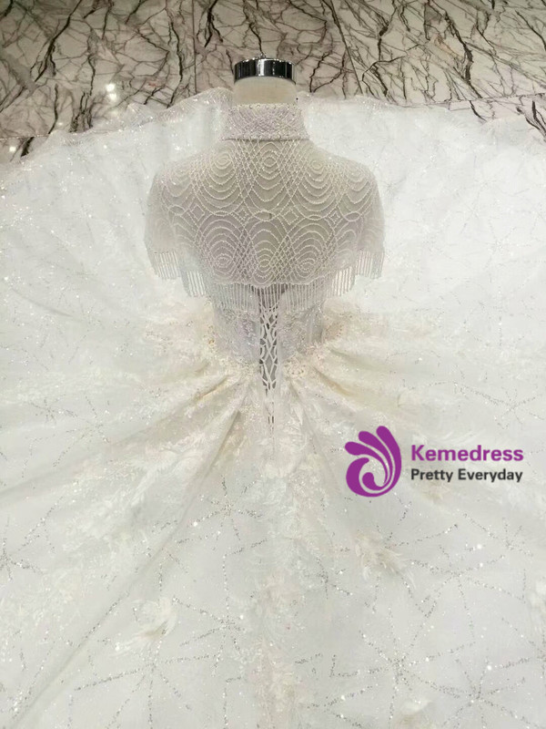 Shop 2019 Long & Short Light Champagne Ball Gown Tulle Sequins High Neck Backless Appliques Wedding Dress With Factory Price From Kemedress