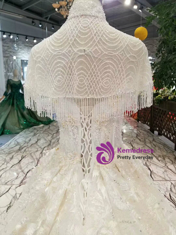 Shop 2019 Long & Short Light Champagne Ball Gown Tulle Sequins High Neck Backless Appliques Wedding Dress With Factory Price From Kemedress