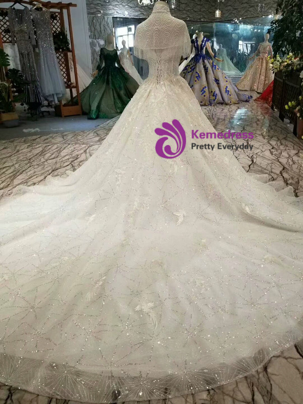 Shop 2019 Long & Short Light Champagne Ball Gown Tulle Sequins High Neck Backless Appliques Wedding Dress With Factory Price From Kemedress