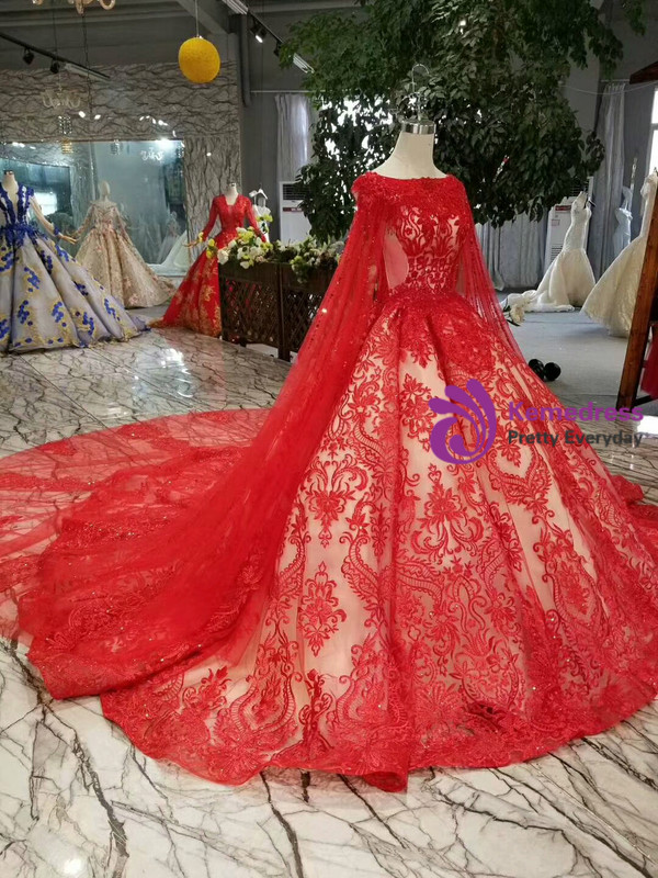 Shop 2019 Long & Short Red Ball Gown Lace Tulle Sequins Bateau See Through Back Wedding Dress With Factory Price From Kemedress