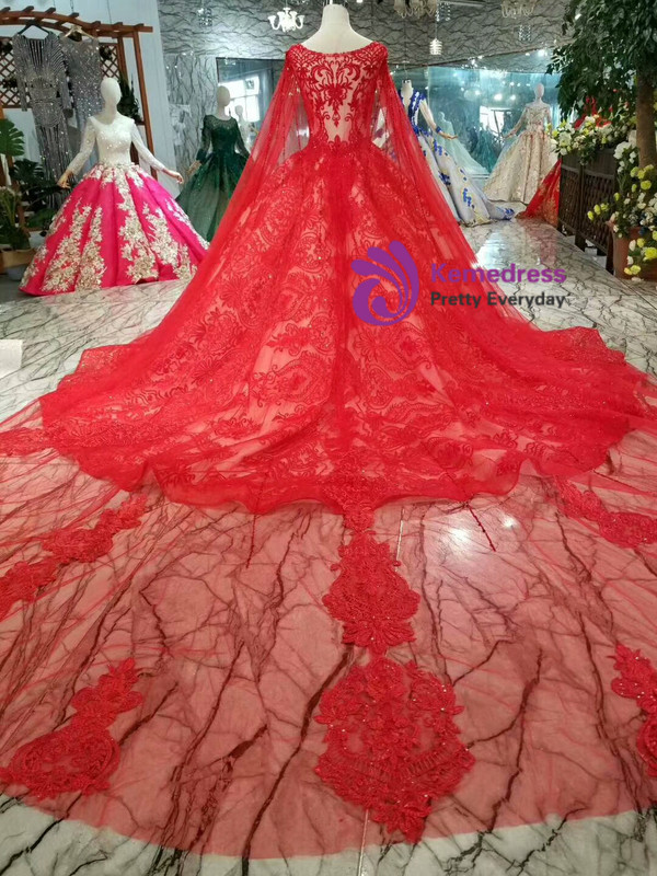 Shop 2019 Long & Short Red Ball Gown Lace Tulle Sequins Bateau See Through Back Wedding Dress With Factory Price From Kemedress