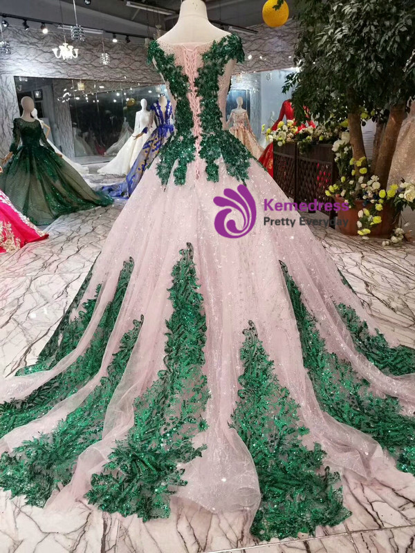Shop 2019 Long & Short Pink Ball Gown Sequins Green Appliques Beading Cap Sleeve Wedding Dress With Factory Price From Kemedress