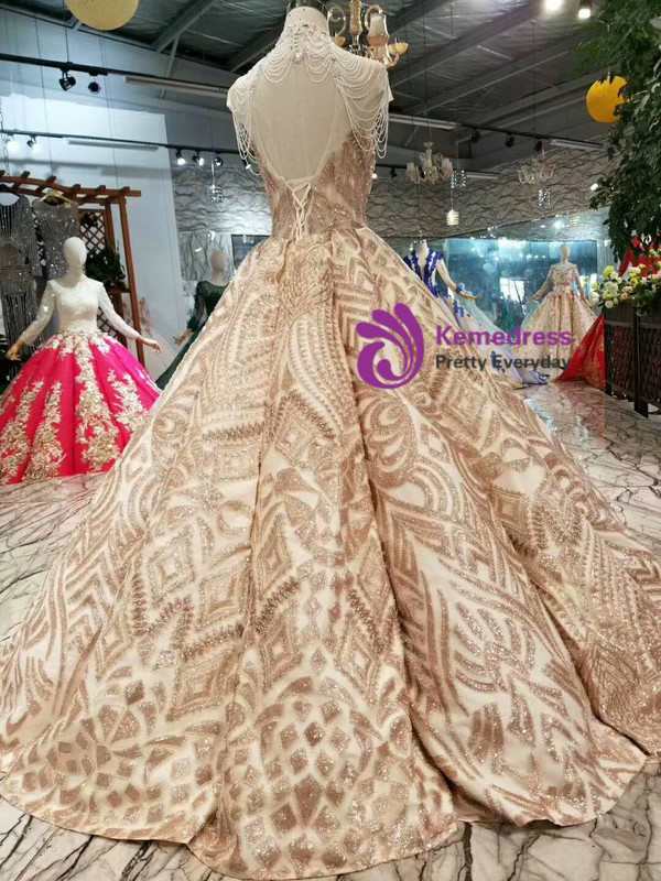 Shop 2019 Long & Short Gold Ball Gown Sequins High Neck Backless Beading Floor Length Wedding Dress With Factory Price From Kemedress