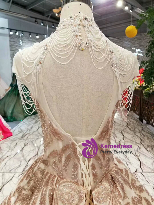 Shop 2019 Long & Short Gold Ball Gown Sequins High Neck Backless Beading Floor Length Wedding Dress With Factory Price From Kemedress