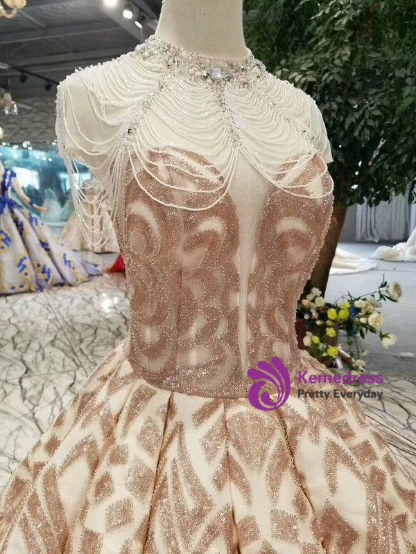 Shop 2019 Long & Short Gold Ball Gown Sequins High Neck Backless Beading Floor Length Wedding Dress With Factory Price From Kemedress