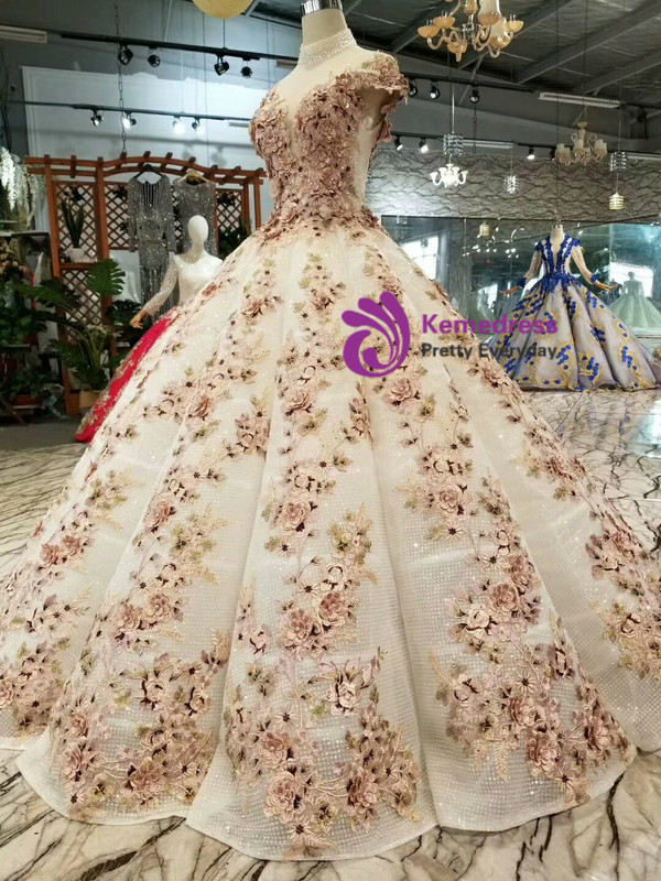 Shop 2019 Long & Short Champagne Ball Gown Sequins Pink Appliques High Neck Cap Sleeve Wedding Dress With Factory Price From Kemedress