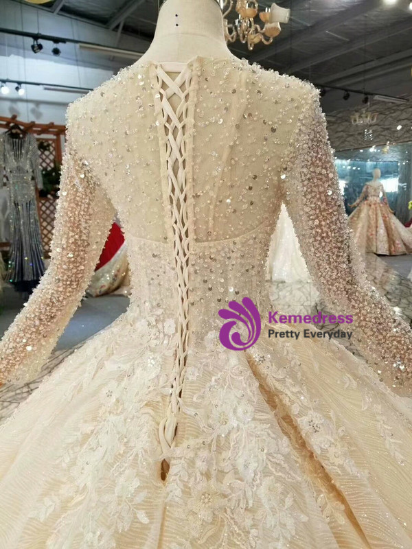Shop 2019 Long & Short Champagne Ball Gown Tulle Sequins Long Sleeve Appliques Beading Wedding Dress With Factory Price From Kemedress
