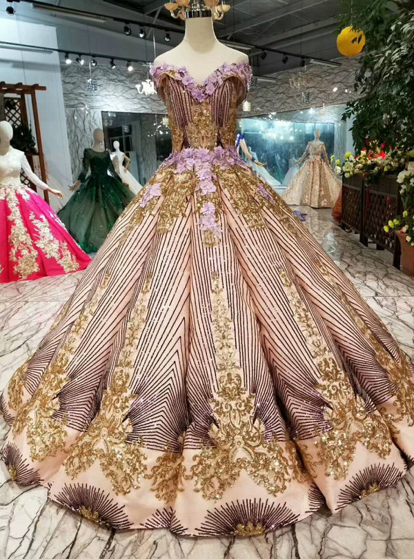 Shop 2019 Long & Short Purple Ball Gown Sequins Appliques Gold Sequins Appliques Off The Shoulder Wedding Dress With Factory Price From Kemedress