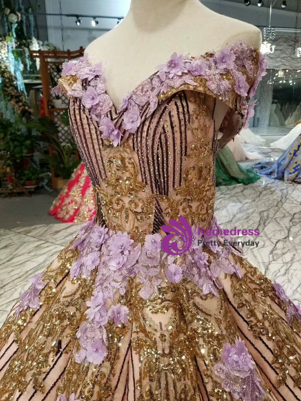 Shop 2019 Long & Short Purple Ball Gown Sequins Appliques Gold Sequins Appliques Off The Shoulder Wedding Dress With Factory Price From Kemedress